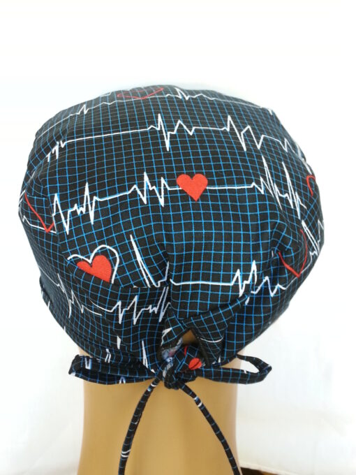 Surgical Scrub Hat Tie in Back EKG Black - Image 2