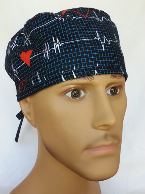 Surgical Scrub Hat Tie in Back EKG Black