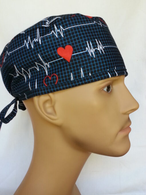 Surgical Scrub Hat Tie in Back EKG Black - Image 3