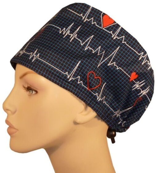 Surgical Scrub Hat Modified Pixie Hat EKG Black