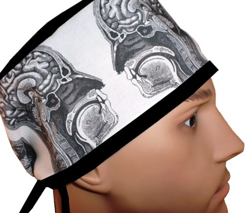 Surgical Scrub Hat Tie in Back Brain Black and White