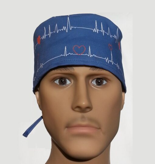 Surgical Scrub Hat Tie in Back EKG Blue