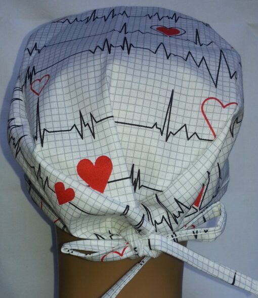 Surgical Scrub Hat Tie in Back EKG White - Image 2