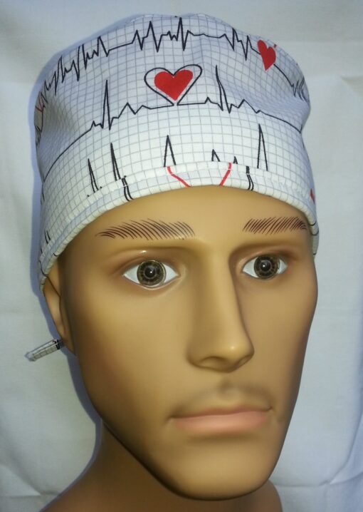 Surgical Scrub Hat Tie in Back EKG White