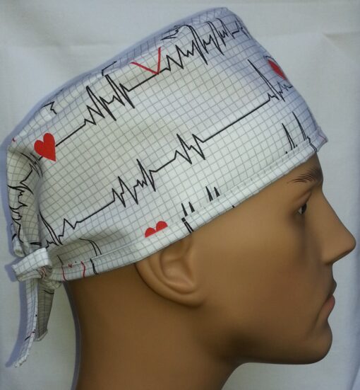 Surgical Scrub Hat Tie in Back EKG White - Image 3