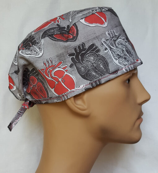 Surgical Scrub Hat Tie in Back Anatomic Heart Black and Red