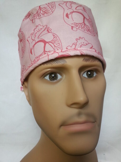 Surgical Scrub Hat Tie in Back Anatomic Heart Pink