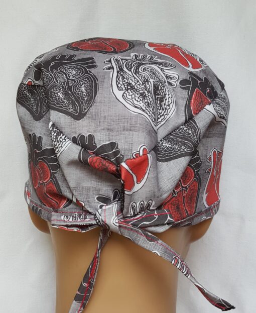 Surgical Scrub Hat Tie in Back Anatomic Heart Black and Red - Image 2