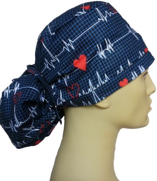 Surgical Scrub Hat Ponytail Style EKG Black