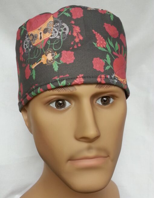 Surgical Scrub Hat Tie in Back Steampunk Anatomic Heart Black and Red