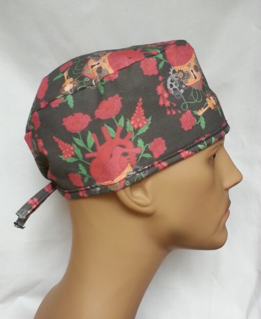 Surgical Scrub Hat Tie in Back Steampunk Anatomic Heart Black and Red - Image 3