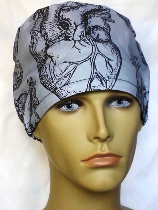 Surgical Scrub Hat Modified Pixie Hat Anatomic Heart Gray