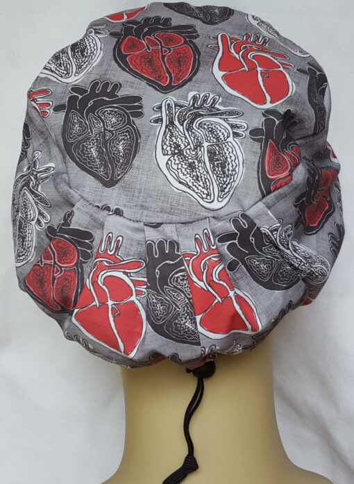 Surgical Scrub Hat Modified Pixie Hat Anatomic Heart Black, Red, and Gray - Image 2