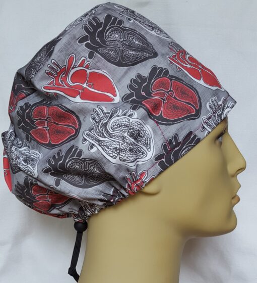 Surgical Scrub Hat Modified Pixie Hat Anatomic Heart Black, Red, and Gray