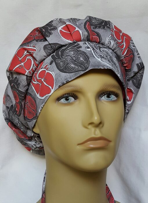 Surgical Scrub Hat Banded Bouffant Anatomic Heart Black, Red, and Gray