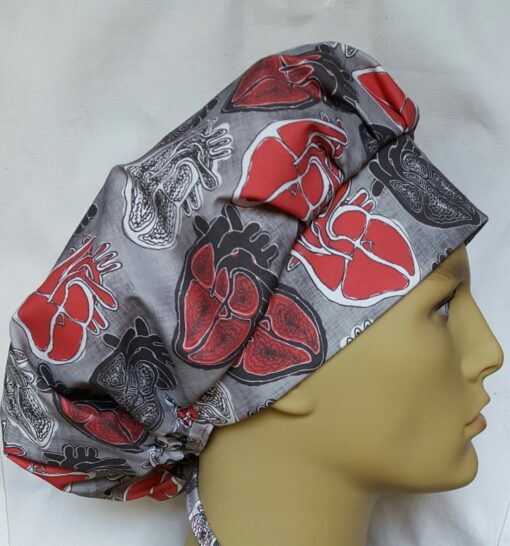 Surgical Scrub Hat Banded Bouffant Anatomic Heart Black, Red, and Gray - Image 3