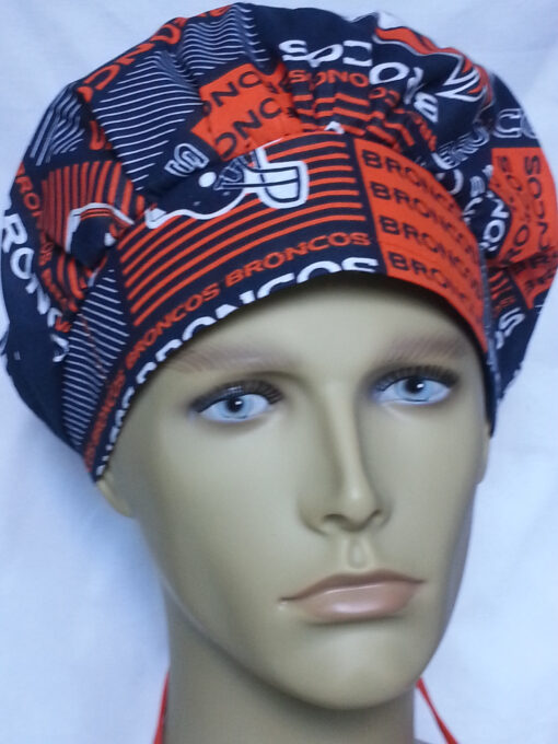 Surgical Scrub Hat Banded Bouffant Broncos Blue, Orange and White