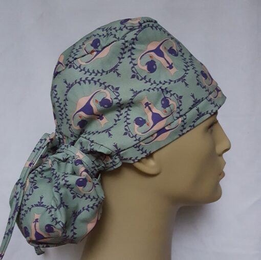 Surgical Scrub Hat Ponytail, Ovary, Turquoise and Blue