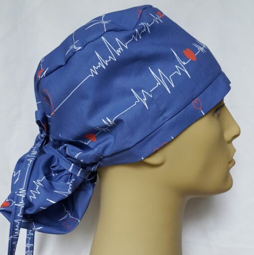 Surgical Scrub Hat Ponytail, EKG Blue